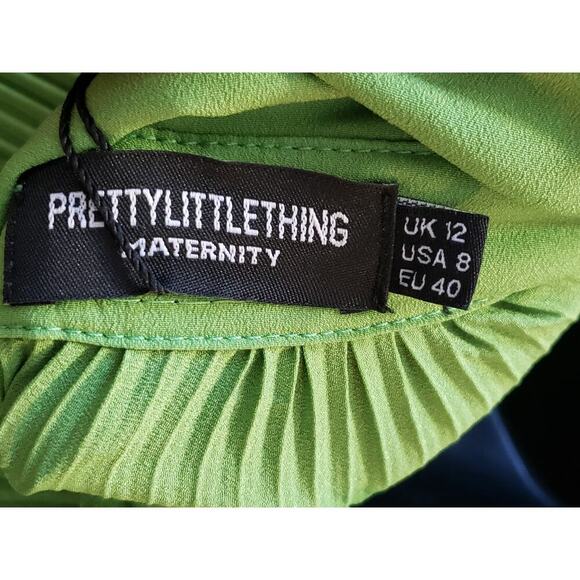 PRETTYLITTLETHING Long Maxi Dress Womens 8 Green Plisse Collared Button Front - Picture 2 of 16